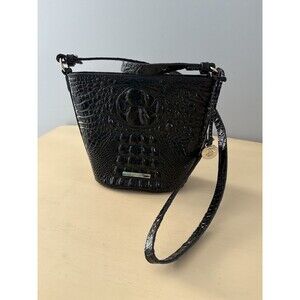 Brahmin Black Melbourne Mini Quinn Bucket Crossbody Croc Shiny Charm